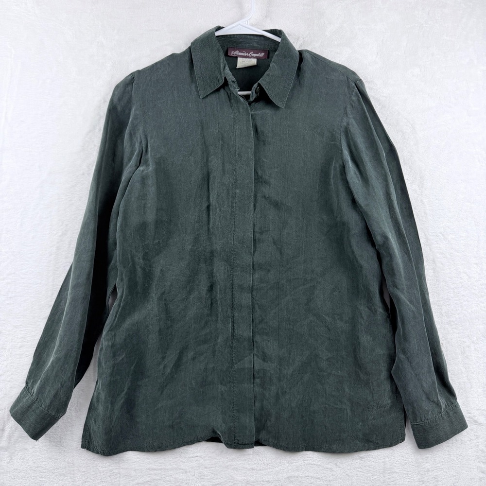 Vintage 90s Alexander Campbell 100% Rayon Blouse Green Hidden Button USA Size 4